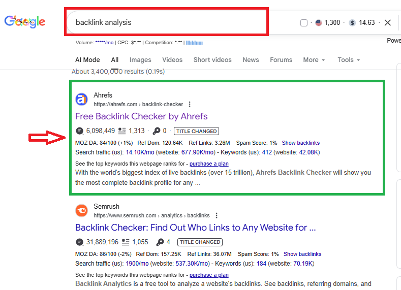A screenshot (snipped image) showing Ahrefs ranking for the keyword "backlink analysis" on Google SERP