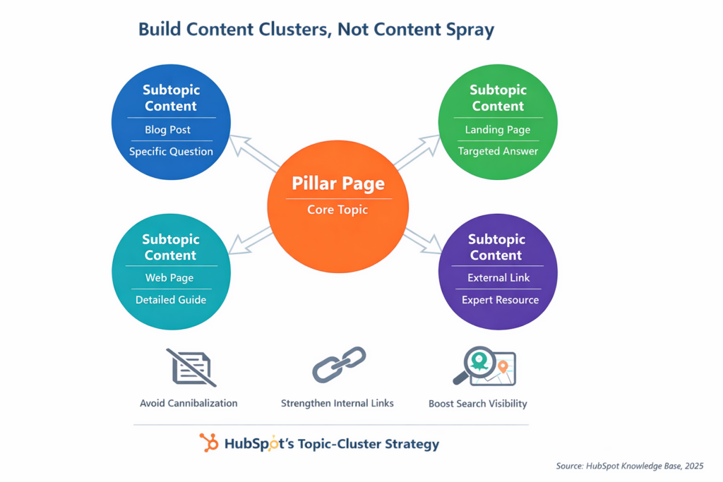Hubspot break down of topic cluster strategy in image form