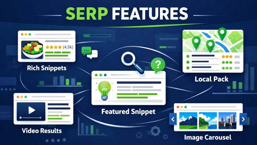 Image showing the typical features and sections of search engine result pages