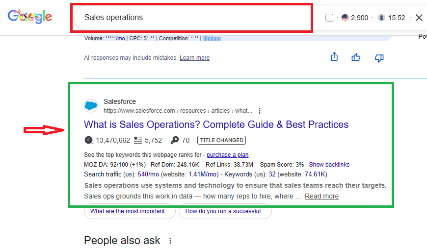 A screenshot (snipped image) showing Salesforce ranking for the keyword "sales operations" on Google SERP