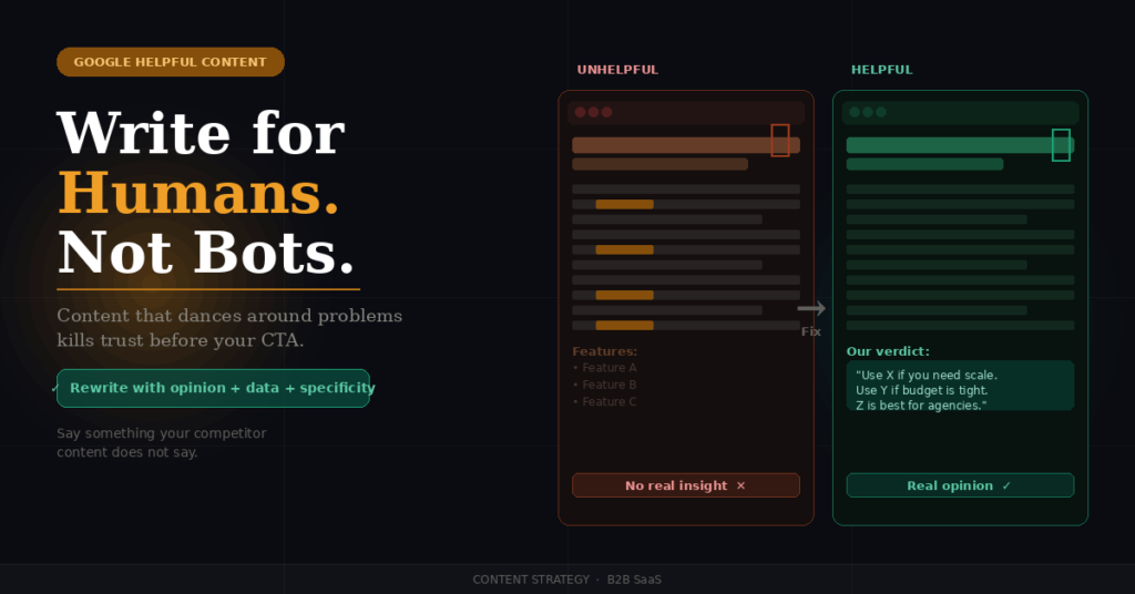 `Dark graphic comparing two article mockups: keyword-stuffed bad content vs. opinionated good content.`