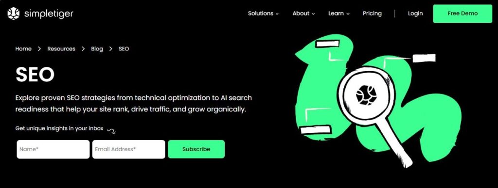 Above the fold section of SimpleTiger homepage