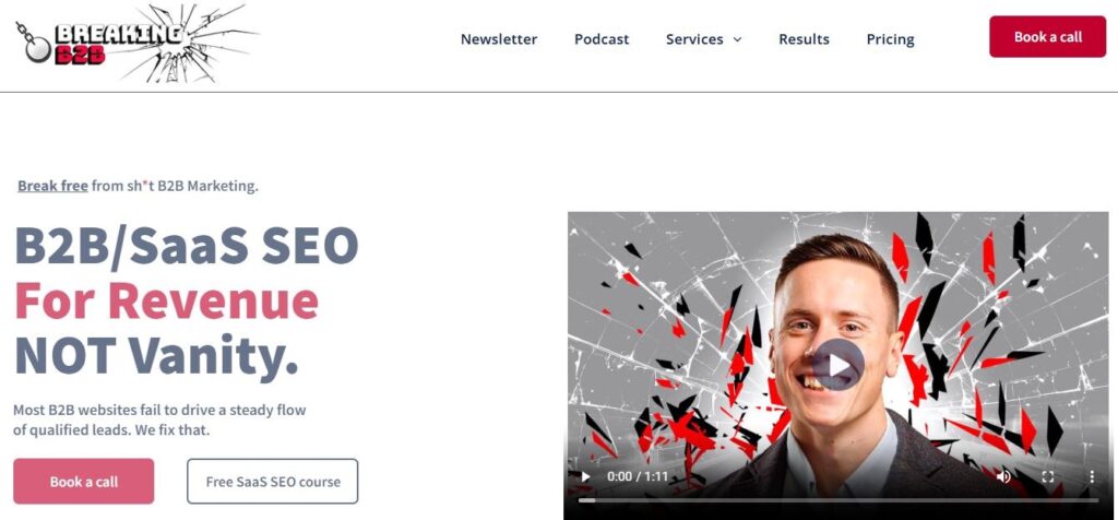 Above the fold section of Breaking B2B's homepage