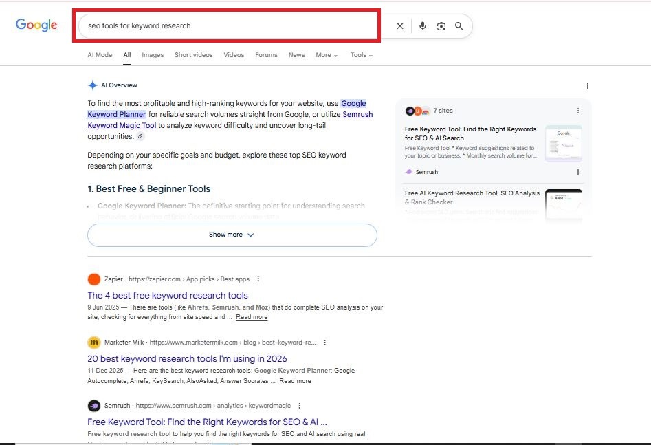 Image showing the SERP and its features as an influence keyword research for SaaS