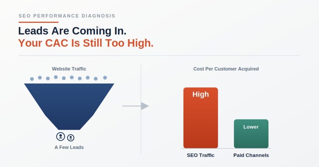 Funnel showing SEO traffic converting to few leads, with bar chart comparing high SEO cost vs lower paid ad cost